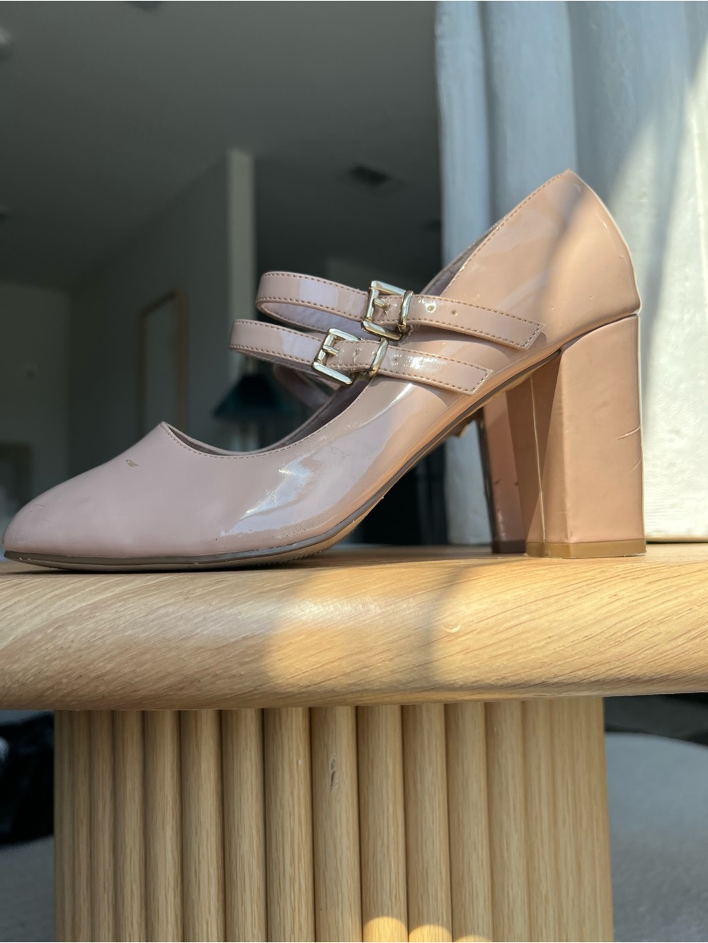 New Look Patent Double-Strap Block Heel in Blush